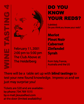 February 2001 Wine Tasting: Do you know your reds? A blind taste test. Merlot, Pinot Noir, Cabernet, Zinfandel, Syrah